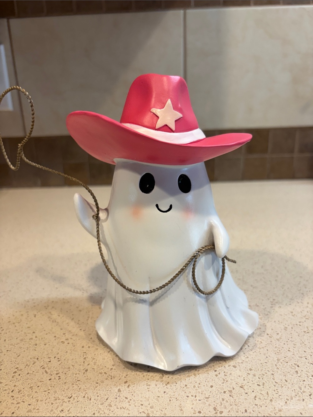 White Ghost Figurine with Pink Cowboy Hat - Cute Home Accent